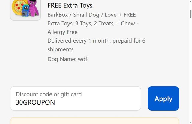 BarkBox checkout page showing BarkBox discount code box | Screenshot taken by SimplyCodes community member on Aug 20, 2025