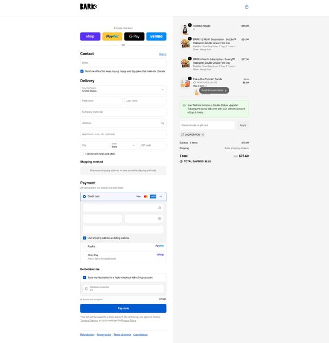 Bark Bright checkout page showing Bark Bright promo code box | Screenshot taken by SimplyCodes community member on Sep 25, 2025