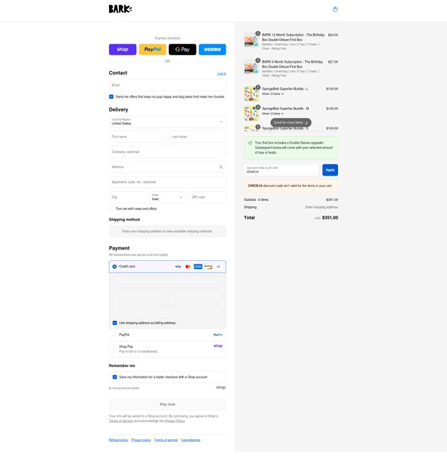 Bark Bright checkout page showing Bark Bright promo code box | Screenshot taken by SimplyCodes community member on Aug 31, 2025