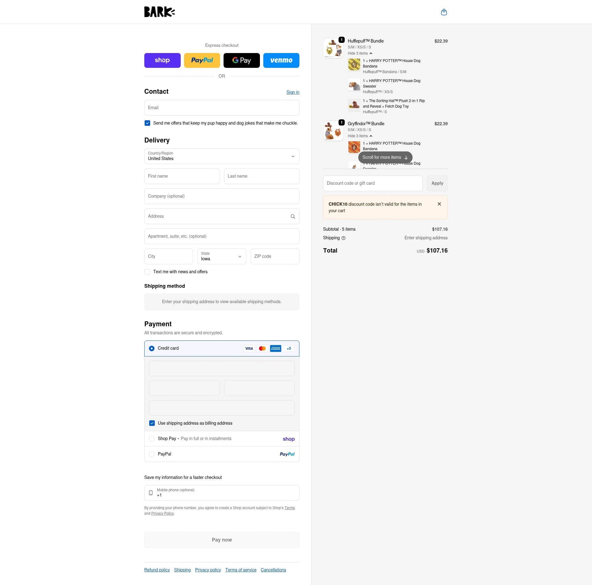 Bark Bright checkout page showing Bark Bright promo code box | Screenshot taken by SimplyCodes community member on Feb 22, 2026