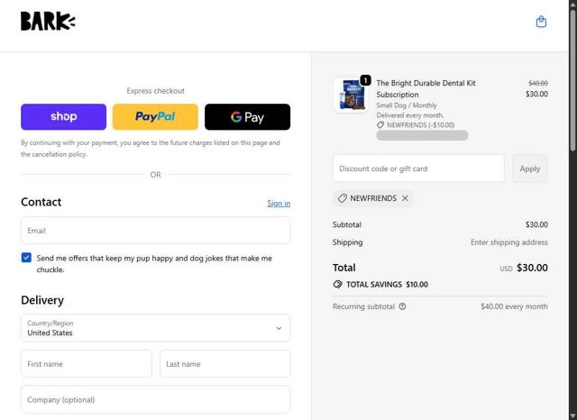 Bark Bright checkout page showing Bark Bright promo code box | Screenshot taken by SimplyCodes community member on Sep 25, 2025