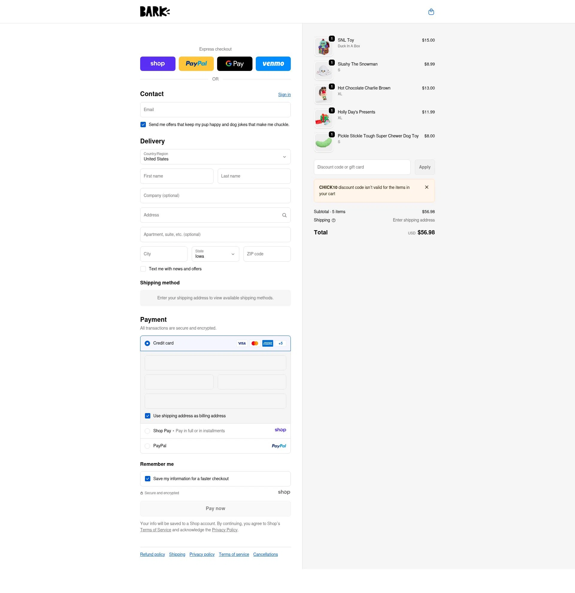 Bark Bright checkout page showing Bark Bright promo code box | Screenshot taken by SimplyCodes community member on Dec 28, 2025