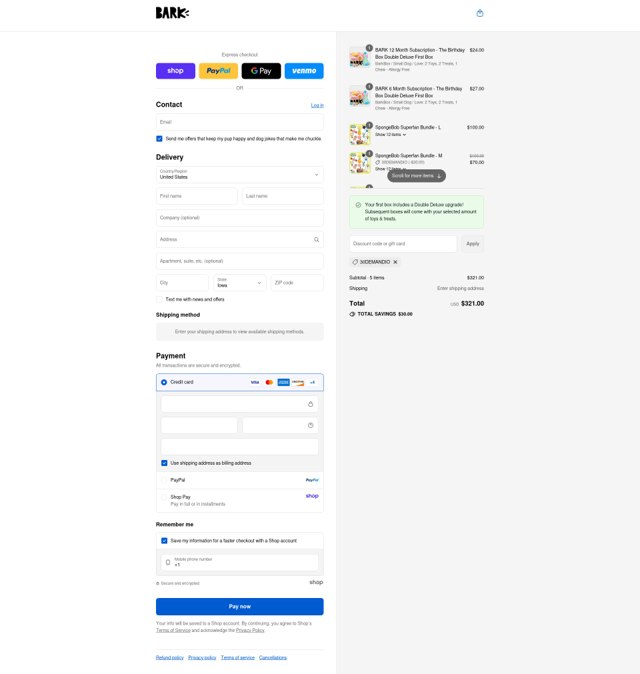 Bark Bright checkout page showing Bark Bright promo code box | Screenshot taken by SimplyCodes community member on Aug 31, 2025