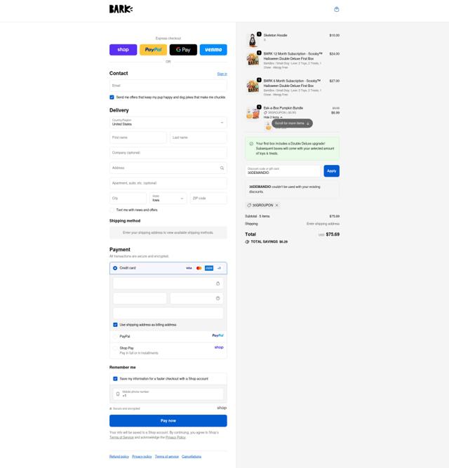 Bark Bright checkout page showing Bark Bright promo code box | Screenshot taken by SimplyCodes community member on Sep 25, 2025