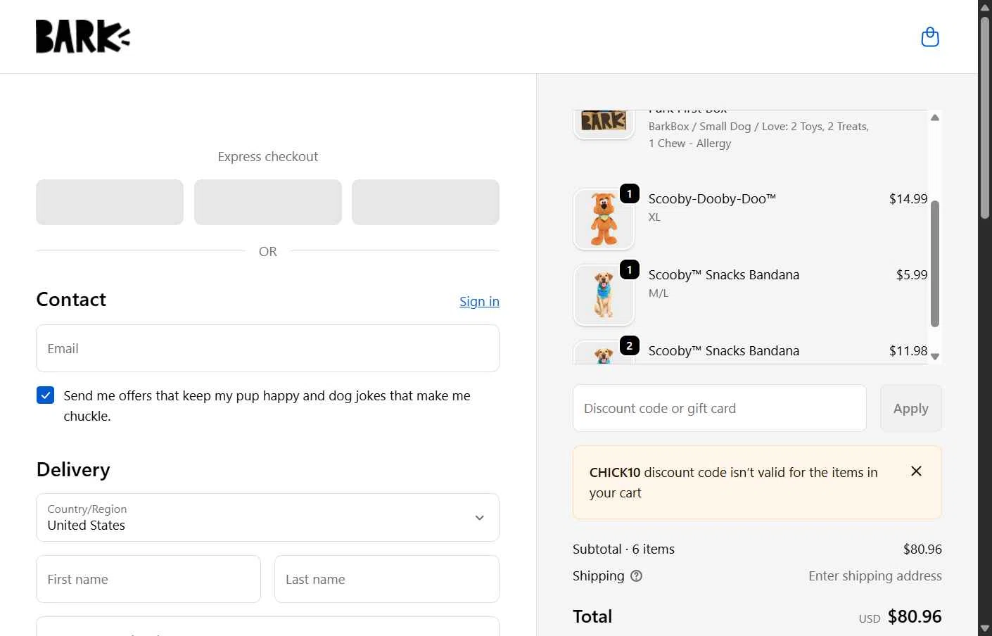 Bark Bright checkout page showing Bark Bright promo code box | Screenshot taken by SimplyCodes community member on Dec 23, 2025