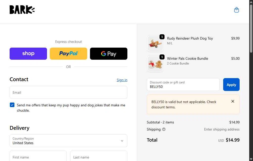Bark Bright checkout page showing Bark Bright promo code box | Screenshot taken by SimplyCodes community member on Dec 8, 2025