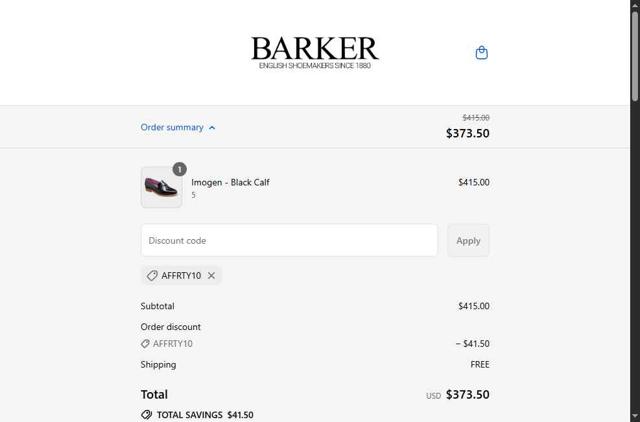 Barker Shoes checkout page showing Barker Shoes discount code box | Screenshot taken by SimplyCodes community member on Sep 3, 2025