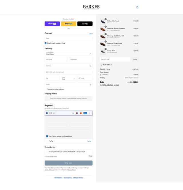 Barker Shoes checkout page showing Barker Shoes discount code box | Screenshot taken by SimplyCodes community member on Aug 16, 2025