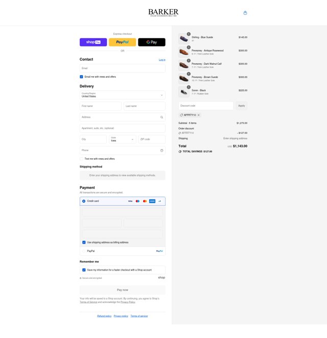 Barker Shoes checkout page showing Barker Shoes discount code box | Screenshot taken by SimplyCodes community member on Aug 28, 2025