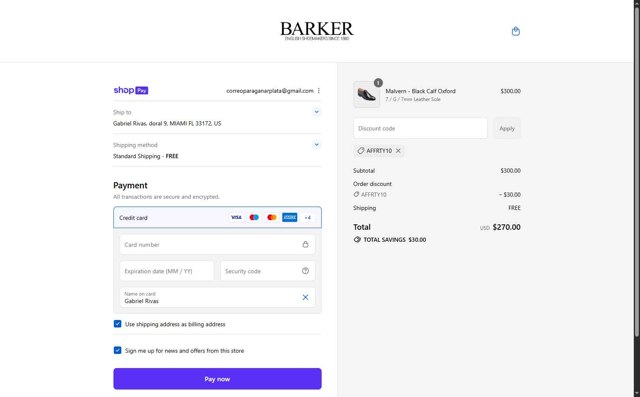 Barker Shoes checkout page showing Barker Shoes discount code box | Screenshot taken by SimplyCodes community member on Aug 15, 2025