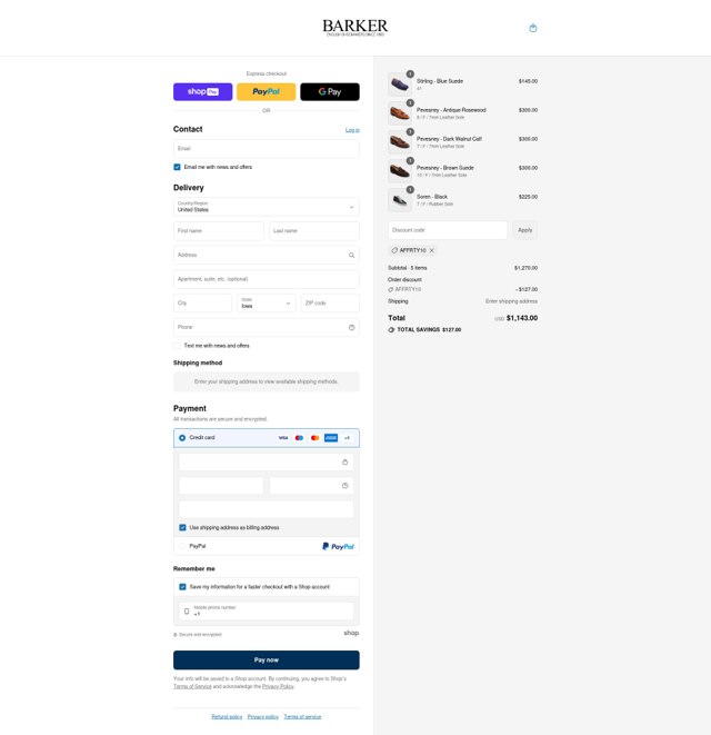 Barker Shoes checkout page showing Barker Shoes discount code box | Screenshot taken by SimplyCodes community member on Aug 10, 2025