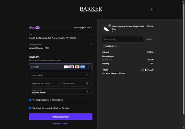 Barker Shoes checkout page showing Barker Shoes discount code box | Screenshot taken by SimplyCodes community member on Aug 26, 2025