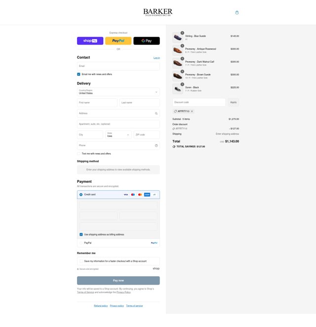 Barker Shoes checkout page showing Barker Shoes discount code box | Screenshot taken by SimplyCodes community member on Aug 15, 2025