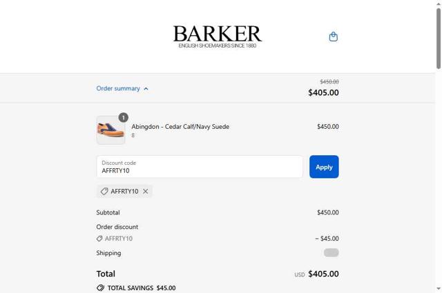 Barker Shoes checkout page showing Barker Shoes discount code box | Screenshot taken by SimplyCodes community member on Sep 11, 2025