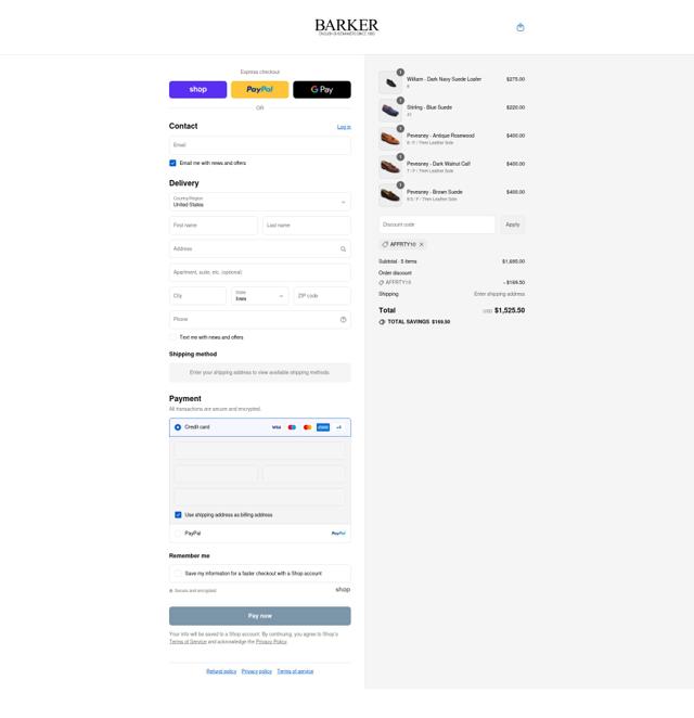 Barker Shoes checkout page showing Barker Shoes discount code box | Screenshot taken by SimplyCodes community member on Sep 3, 2025