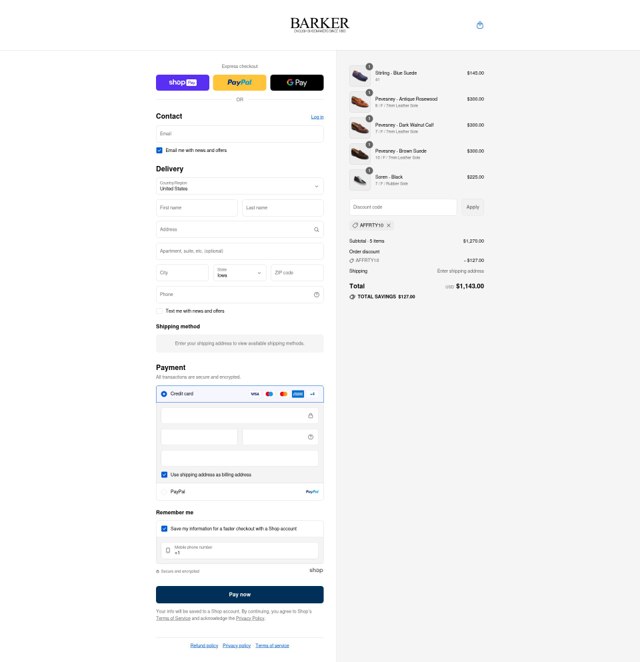 Barker Shoes checkout page showing Barker Shoes discount code box | Screenshot taken by SimplyCodes community member on Aug 20, 2025