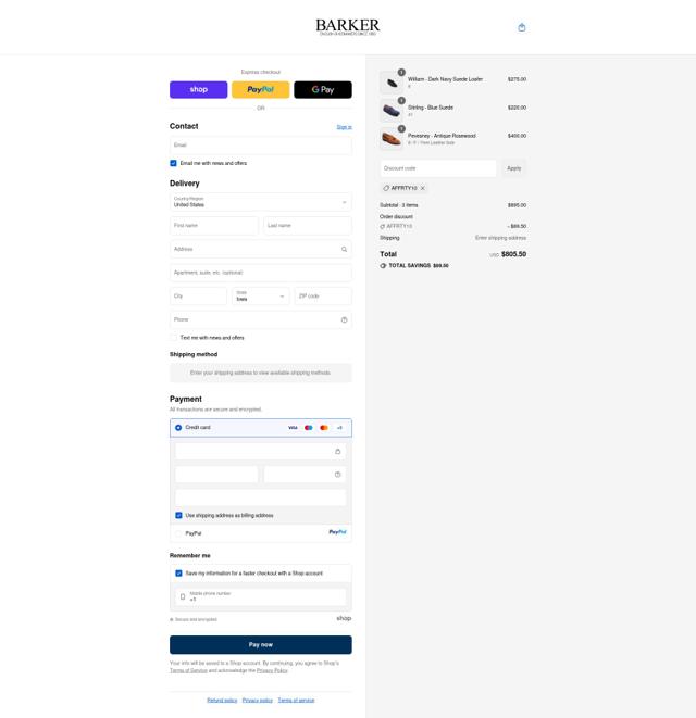 Barker Shoes checkout page showing Barker Shoes discount code box | Screenshot taken by SimplyCodes community member on Sep 11, 2025
