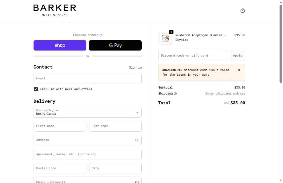 Barker Wellness Co checkout page showing Barker Wellness Co promo code box | Screenshot taken by SimplyCodes community member on Jan 6, 2026