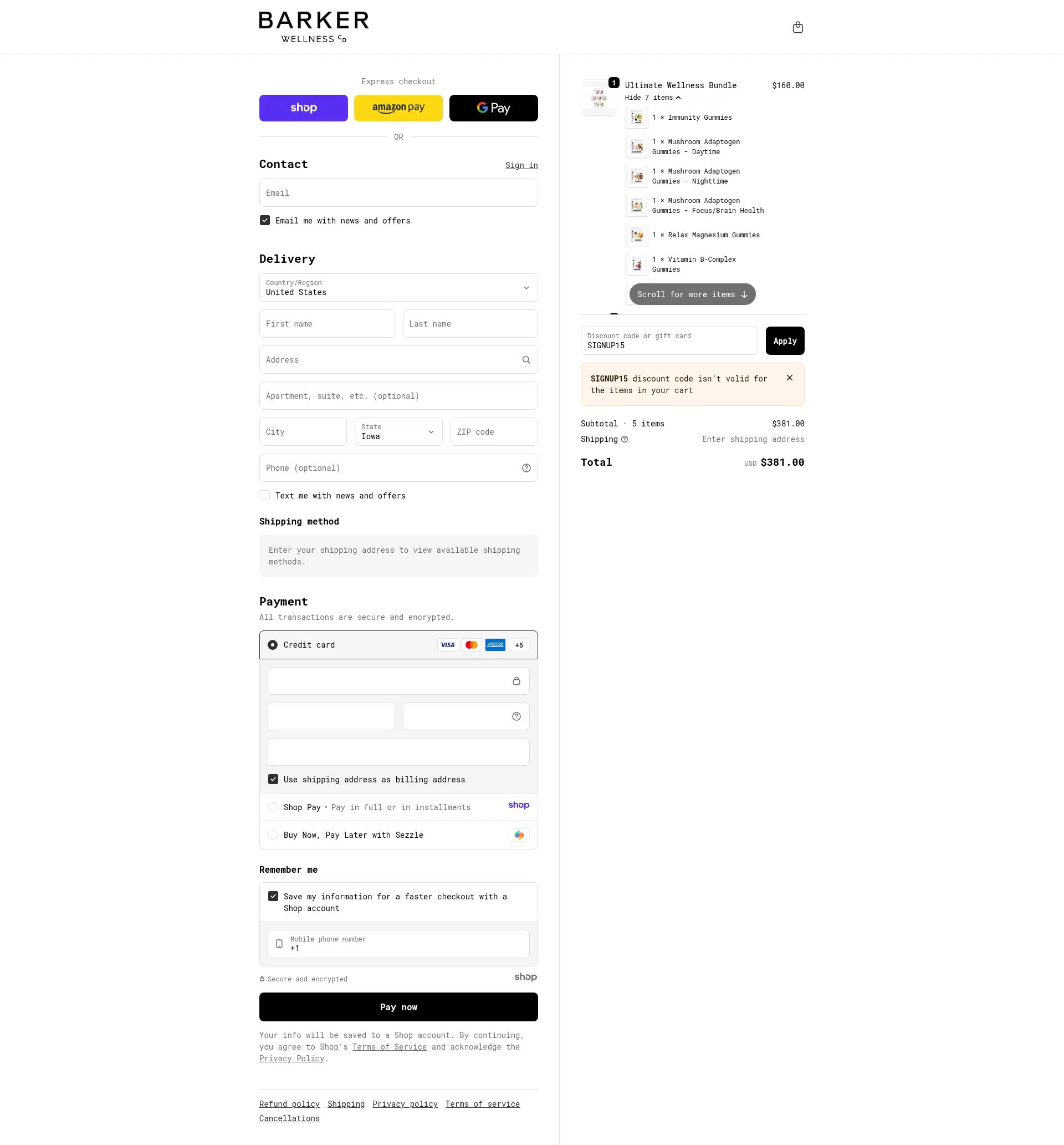 Barker Wellness Co checkout page showing Barker Wellness Co promo code box | Screenshot taken by SimplyCodes community member on Dec 4, 2025
