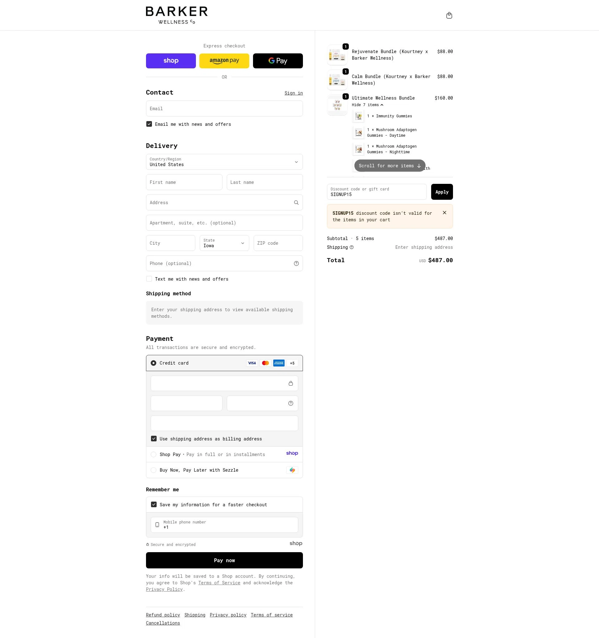 Barker Wellness Co checkout page showing Barker Wellness Co promo code box | Screenshot taken by SimplyCodes community member on Dec 15, 2025