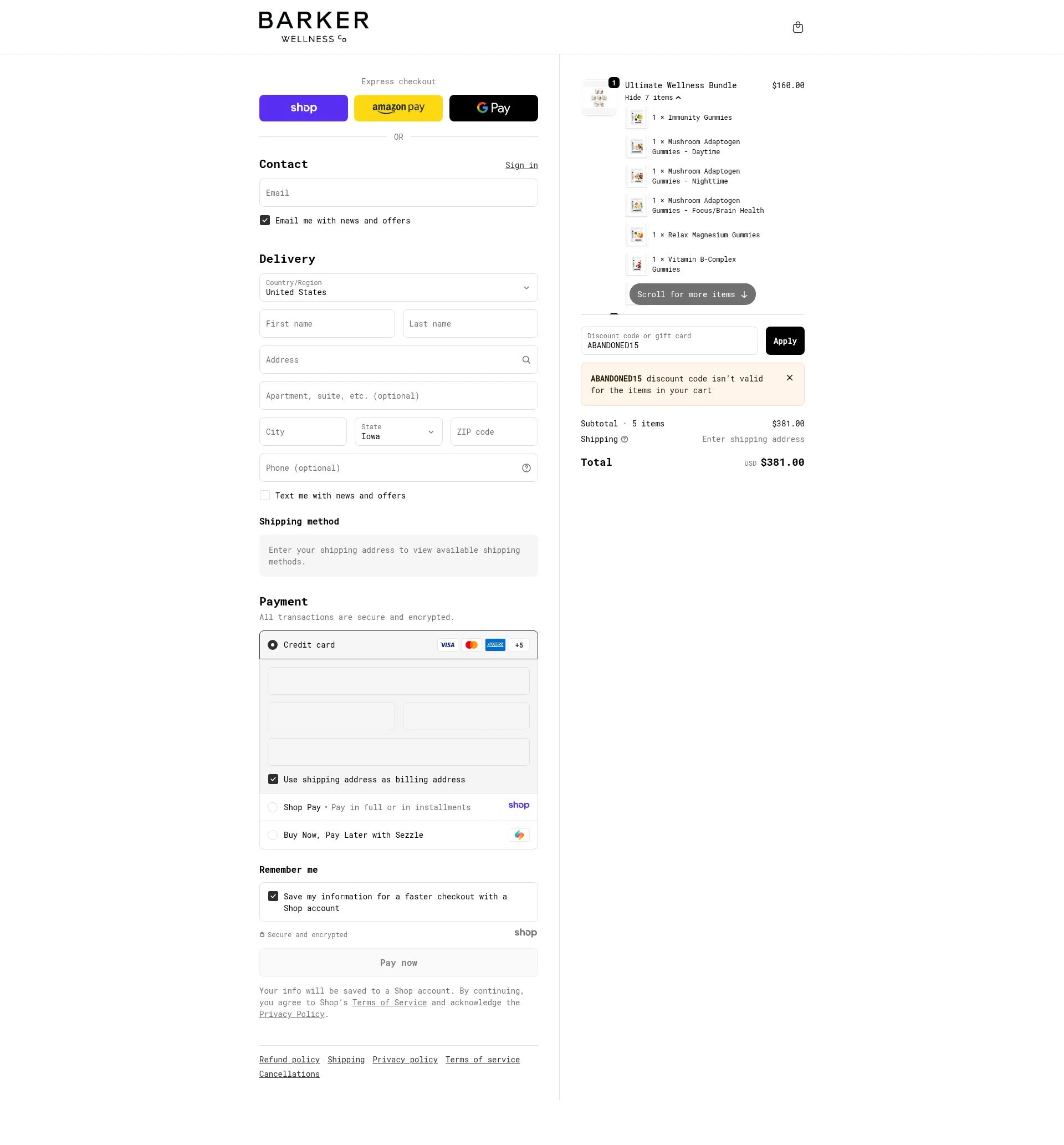 Barker Wellness Co checkout page showing Barker Wellness Co promo code box | Screenshot taken by SimplyCodes community member on Dec 9, 2025