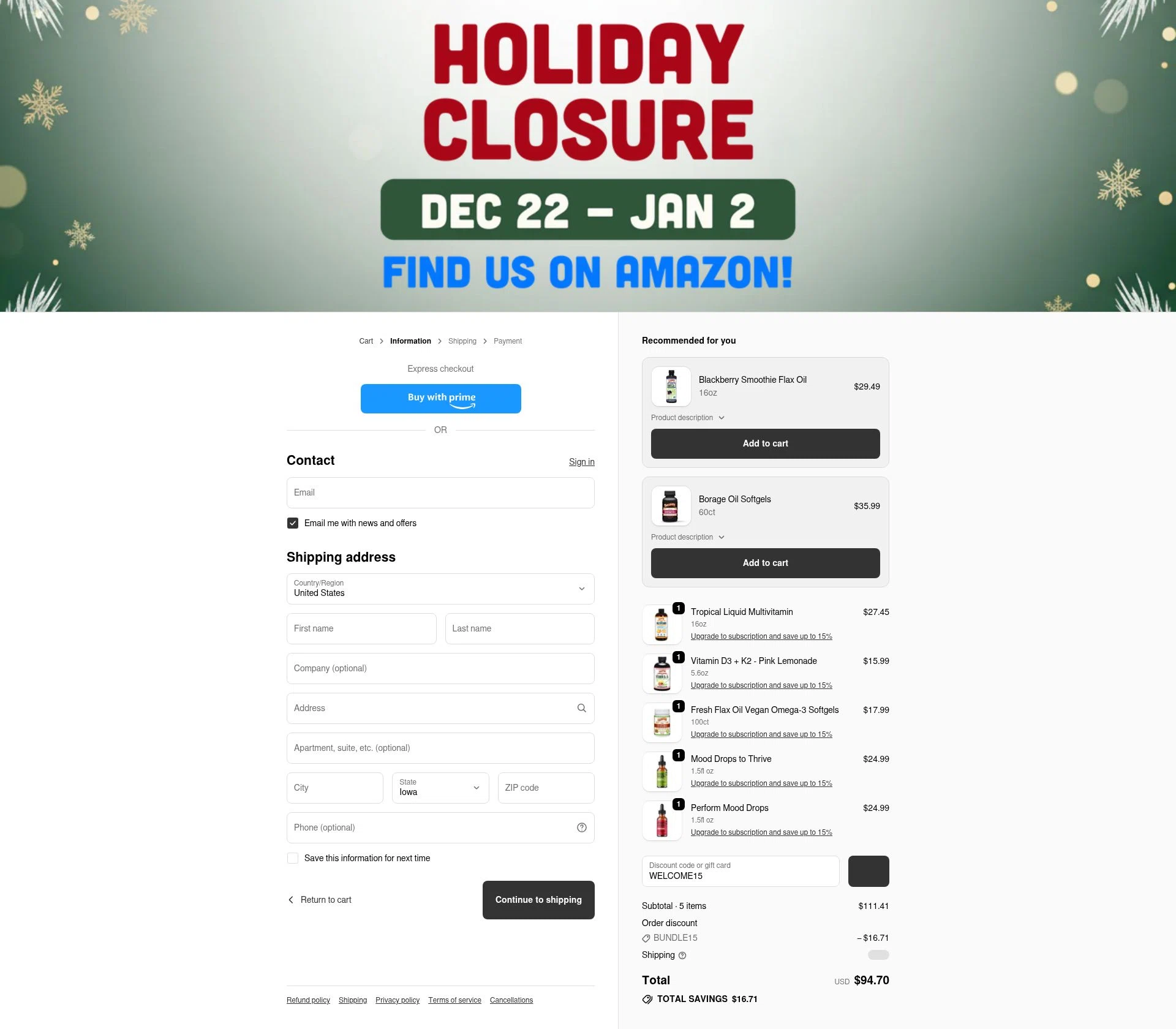 Barlean's Organic Oils checkout page showing Barlean's Organic Oils promo code box | Screenshot taken by SimplyCodes community member on Jan 2, 2026