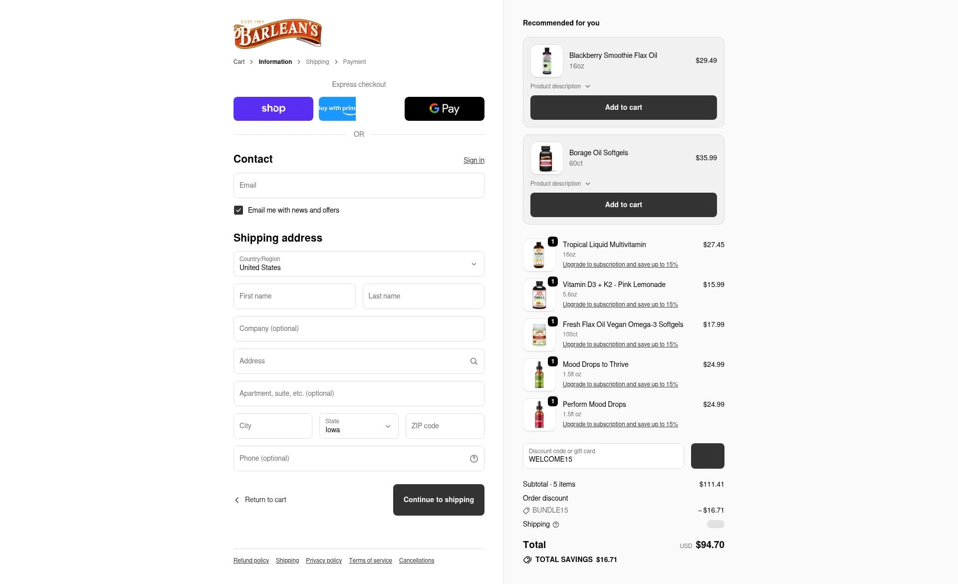 Barlean's Organic Oils checkout page showing Barlean's Organic Oils promo code box | Screenshot taken by SimplyCodes community member on Dec 16, 2025