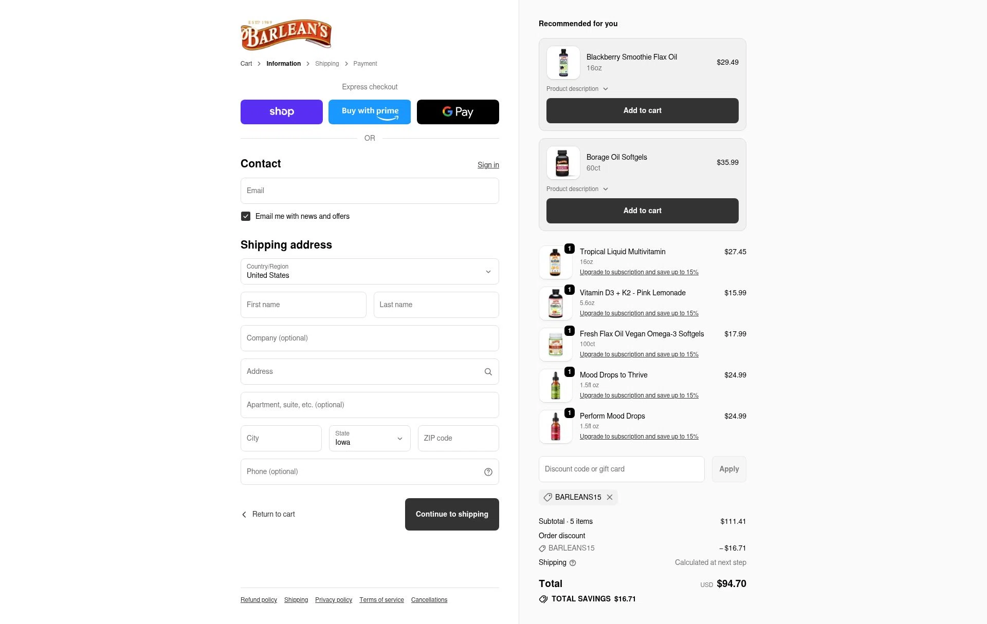 Barlean's Organic Oils checkout page showing Barlean's Organic Oils promo code box | Screenshot taken by SimplyCodes community member on Dec 5, 2025