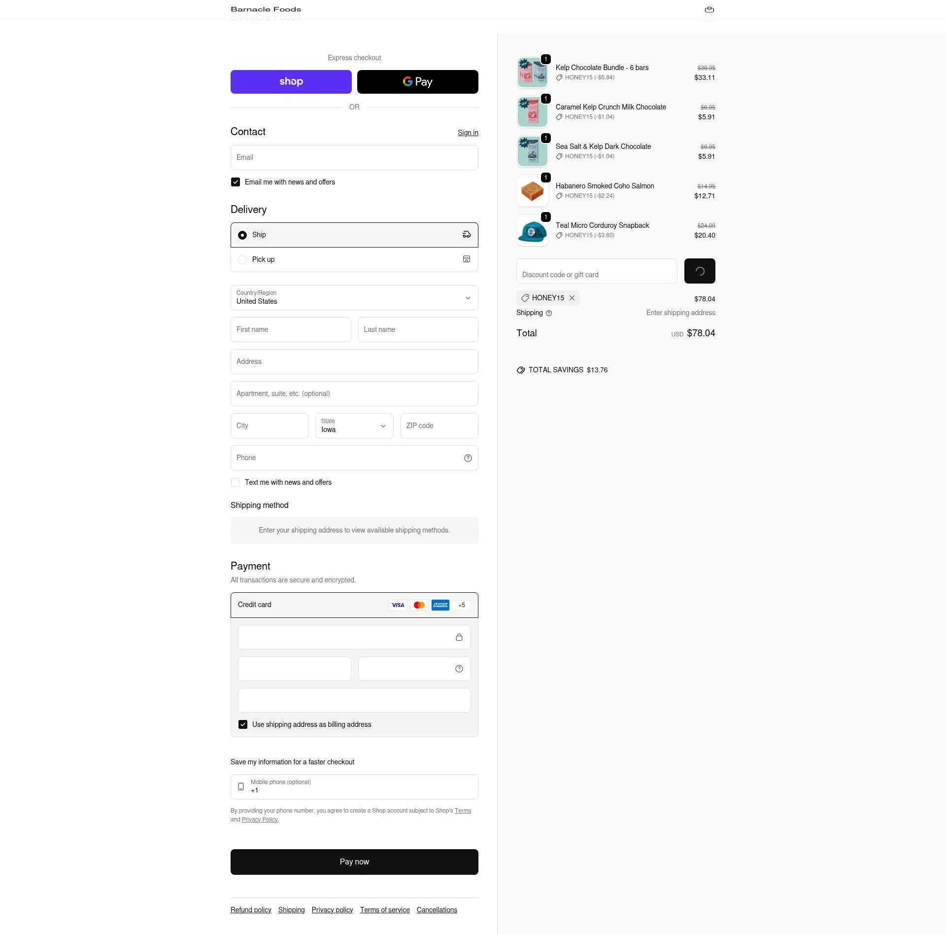 Barnacle Foods checkout page showing Barnacle Foods discount code box | Screenshot taken by SimplyCodes community member on Jan 31, 2026
