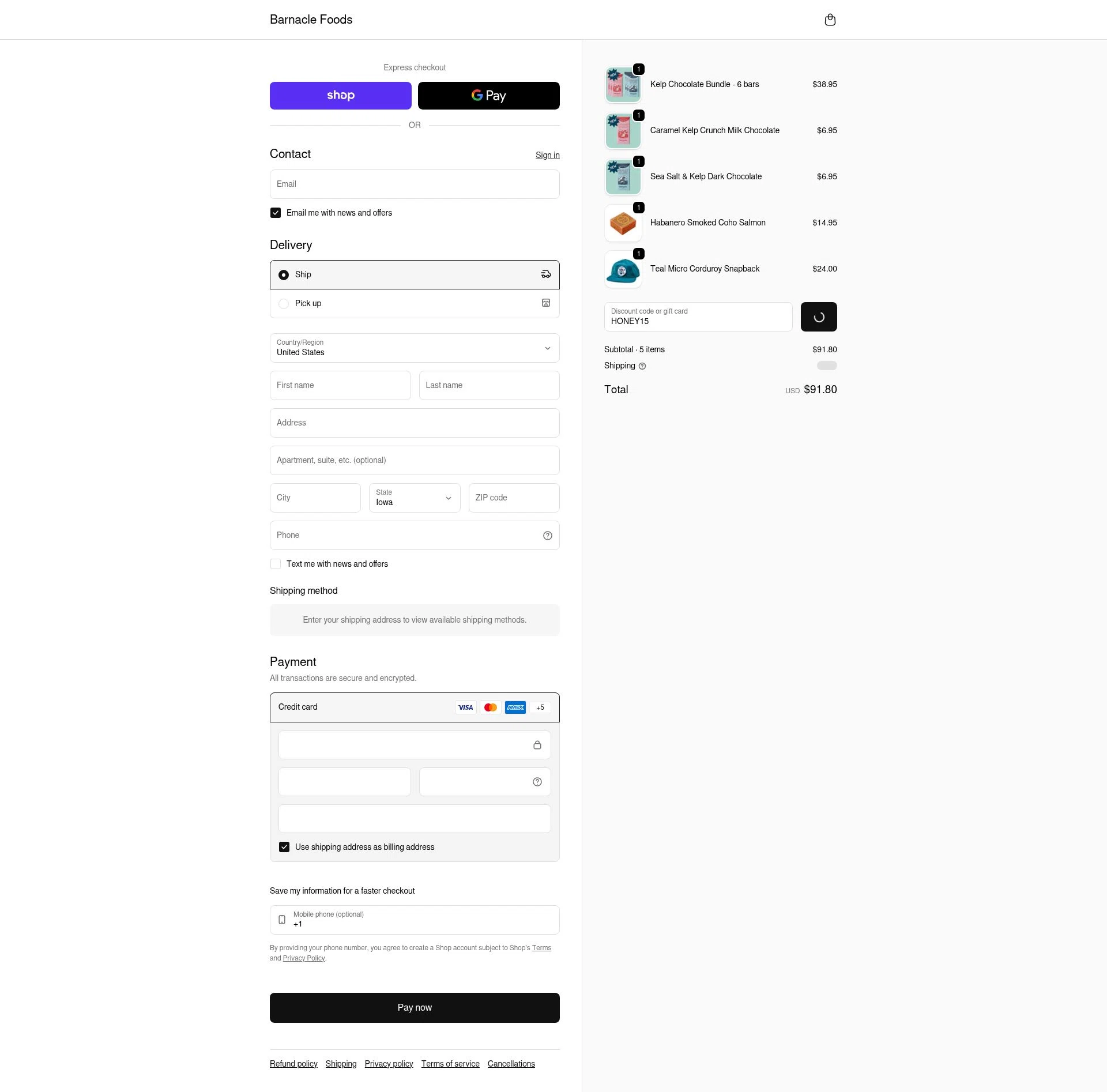 Barnacle Foods checkout page showing Barnacle Foods discount code box | Screenshot taken by SimplyCodes community member on Feb 4, 2026