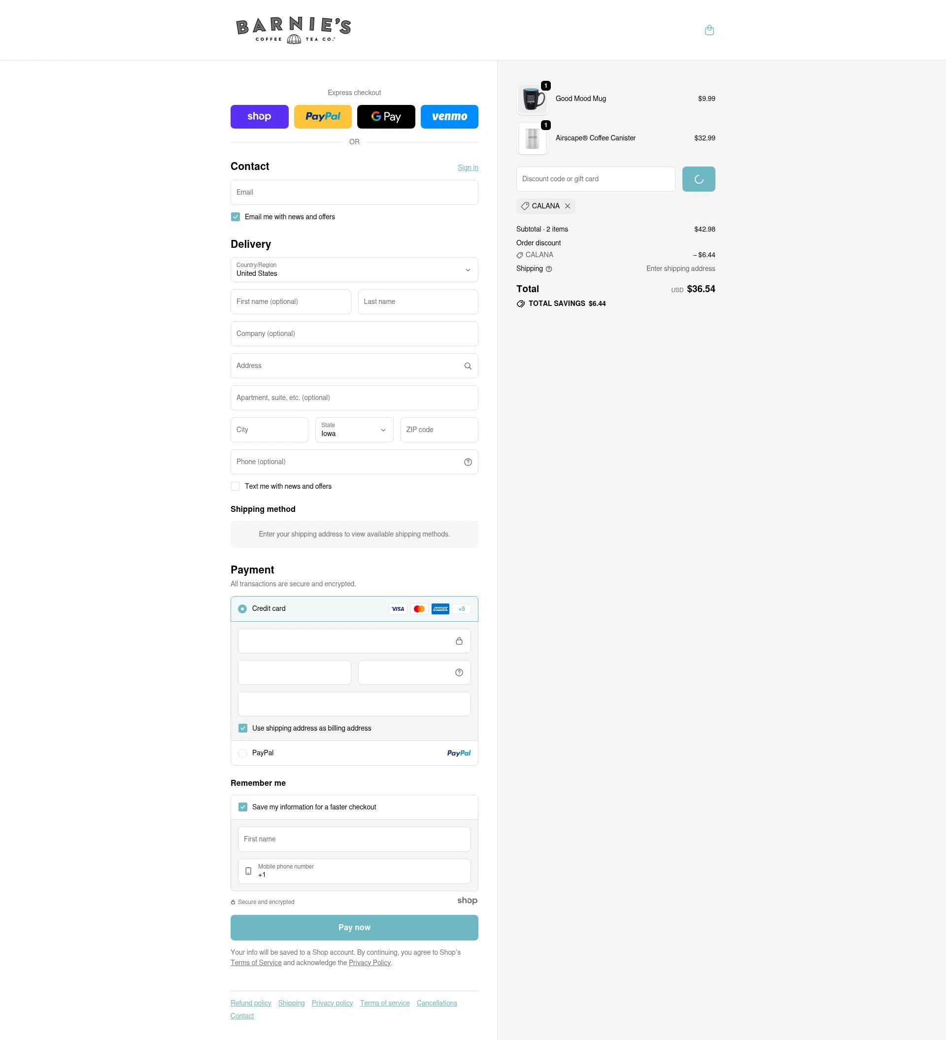Barnie's Coffee & Tea checkout page showing Barnie's Coffee & Tea promo code box | Screenshot taken by SimplyCodes community member on Jan 2, 2026