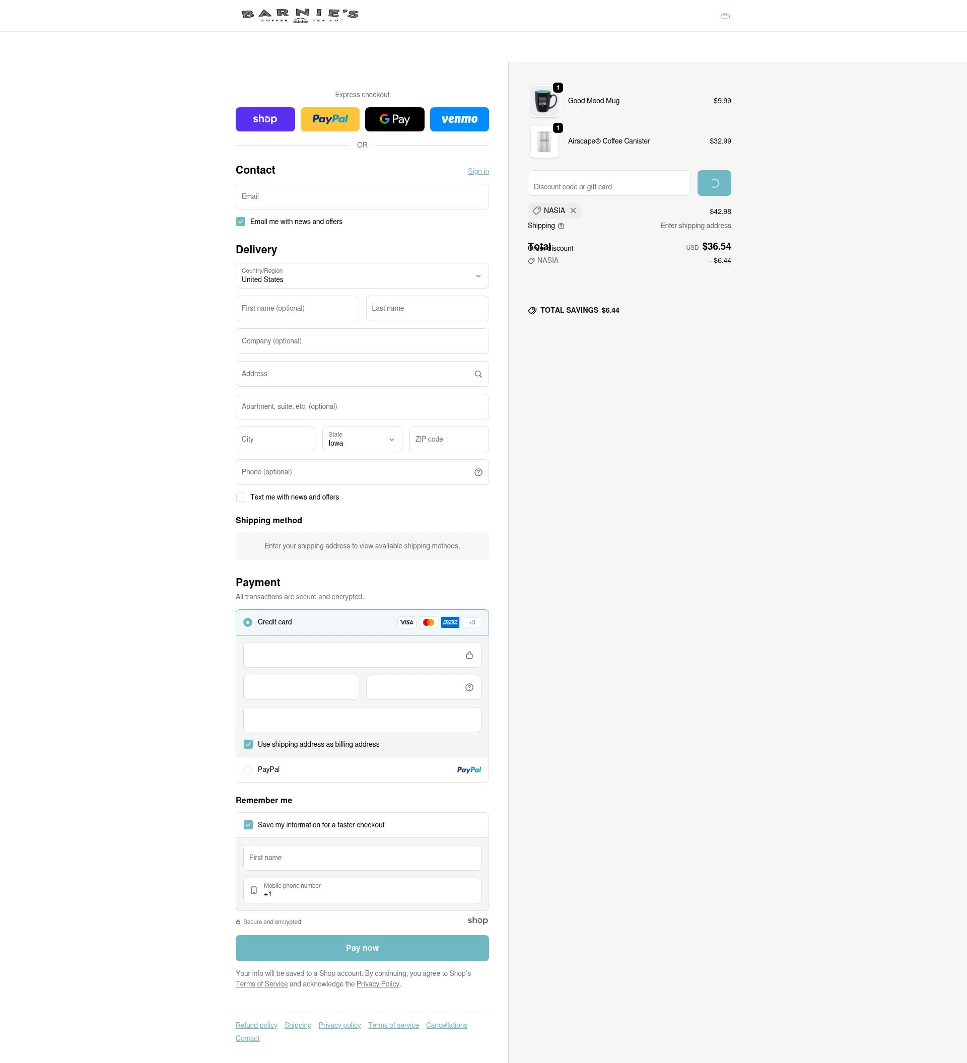Barnie's Coffee & Tea checkout page showing Barnie's Coffee & Tea promo code box | Screenshot taken by SimplyCodes community member on Jan 2, 2026