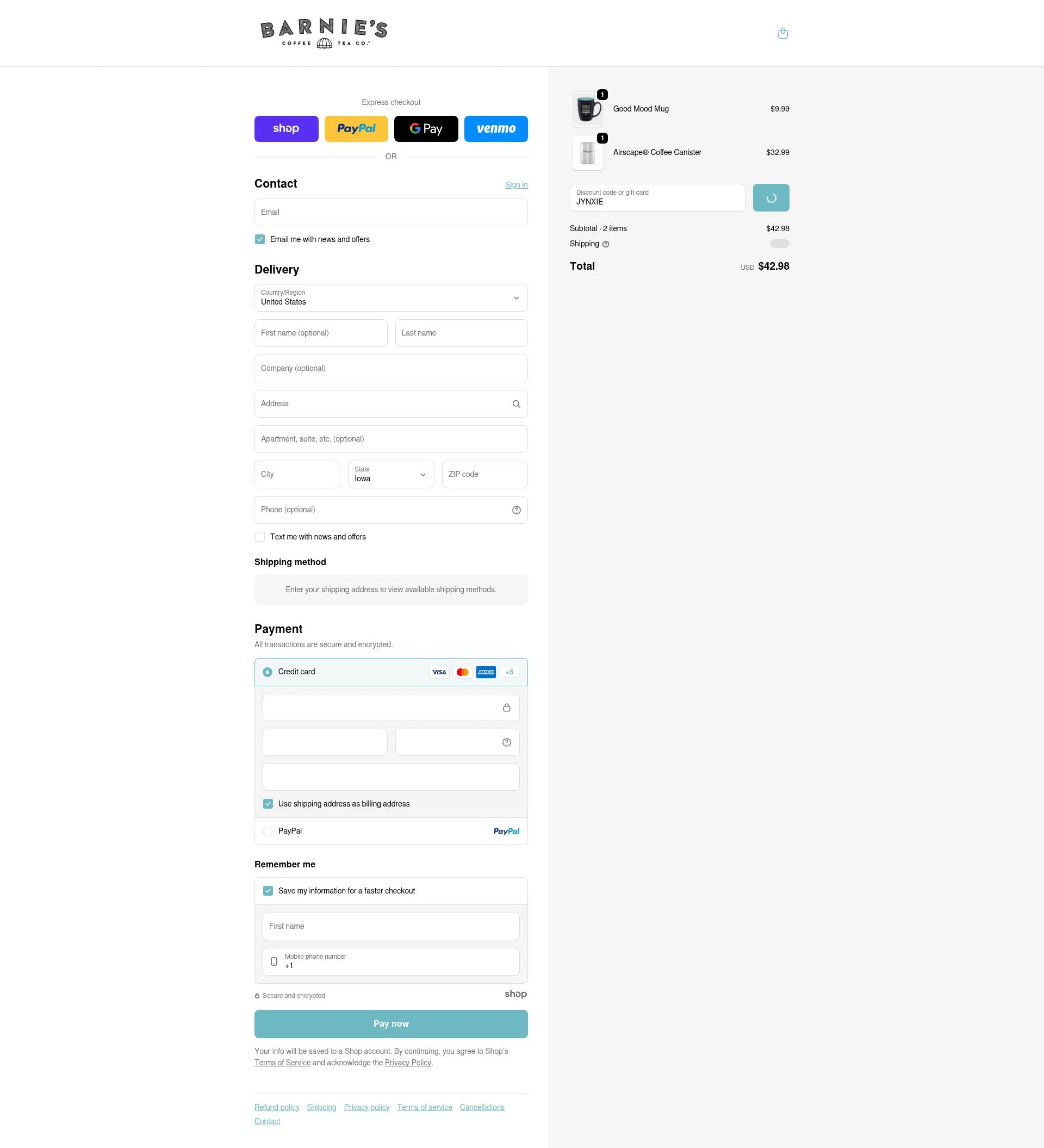 Barnie's Coffee & Tea checkout page showing Barnie's Coffee & Tea promo code box | Screenshot taken by SimplyCodes community member on Jan 2, 2026