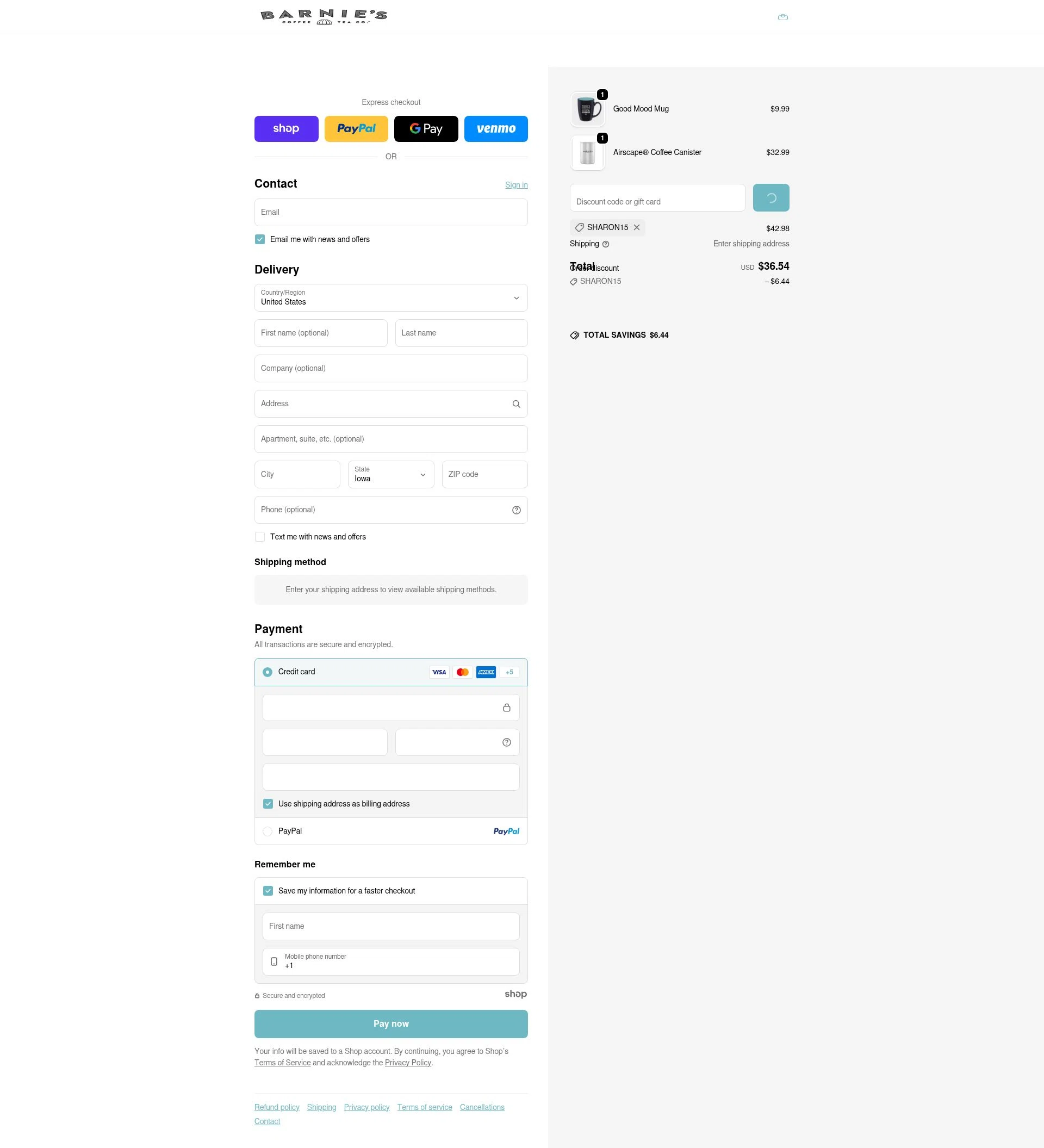 Barnie's Coffee & Tea checkout page showing Barnie's Coffee & Tea promo code box | Screenshot taken by SimplyCodes community member on Jan 2, 2026