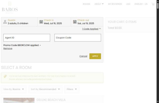 Baros Maldives checkout page showing Baros Maldives promo code box | Screenshot taken by SimplyCodes community member on Jul 1, 2025