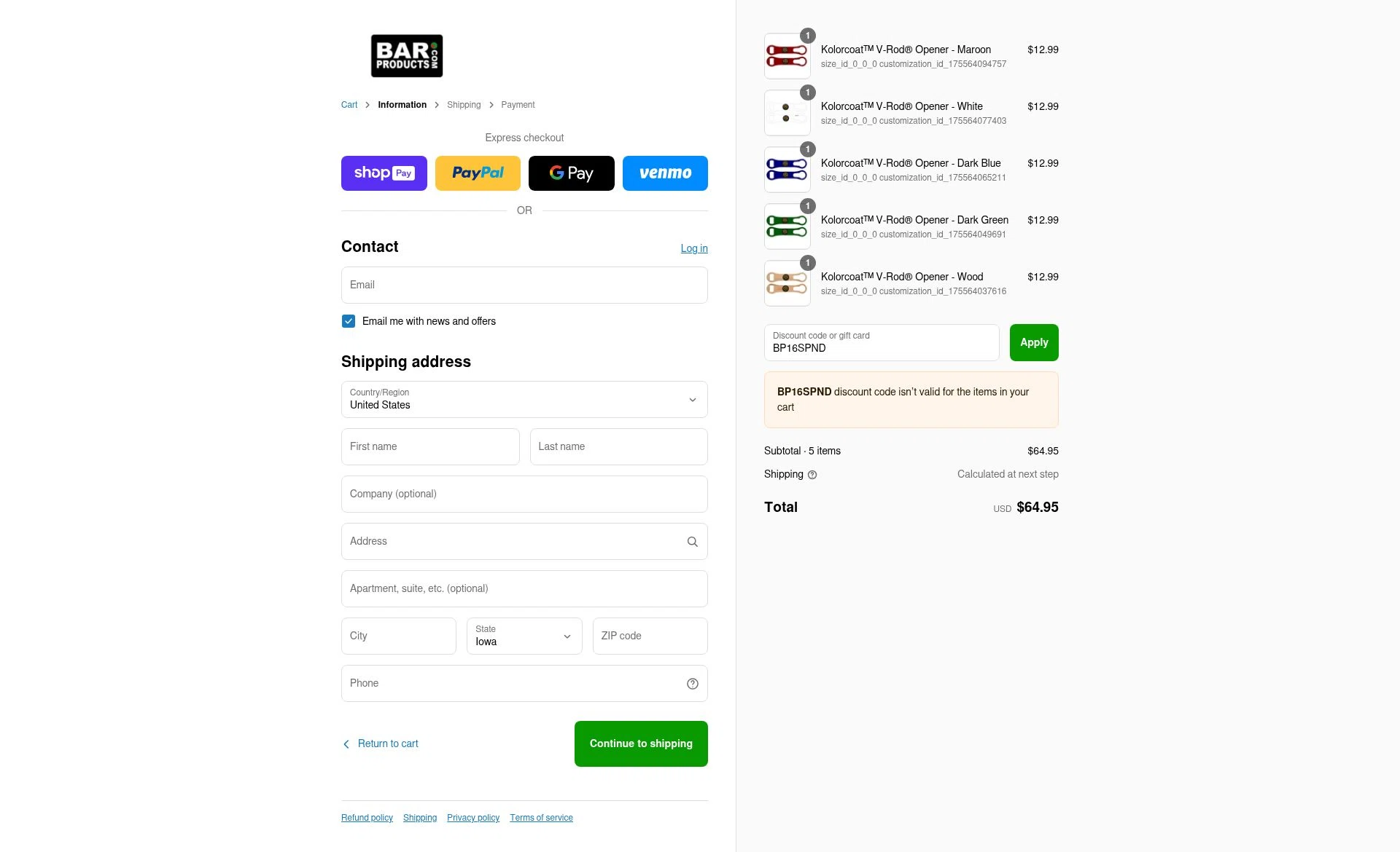 BarProducts checkout page showing BarProducts coupon code box | Screenshot taken by SimplyCodes community member on Aug 27, 2025