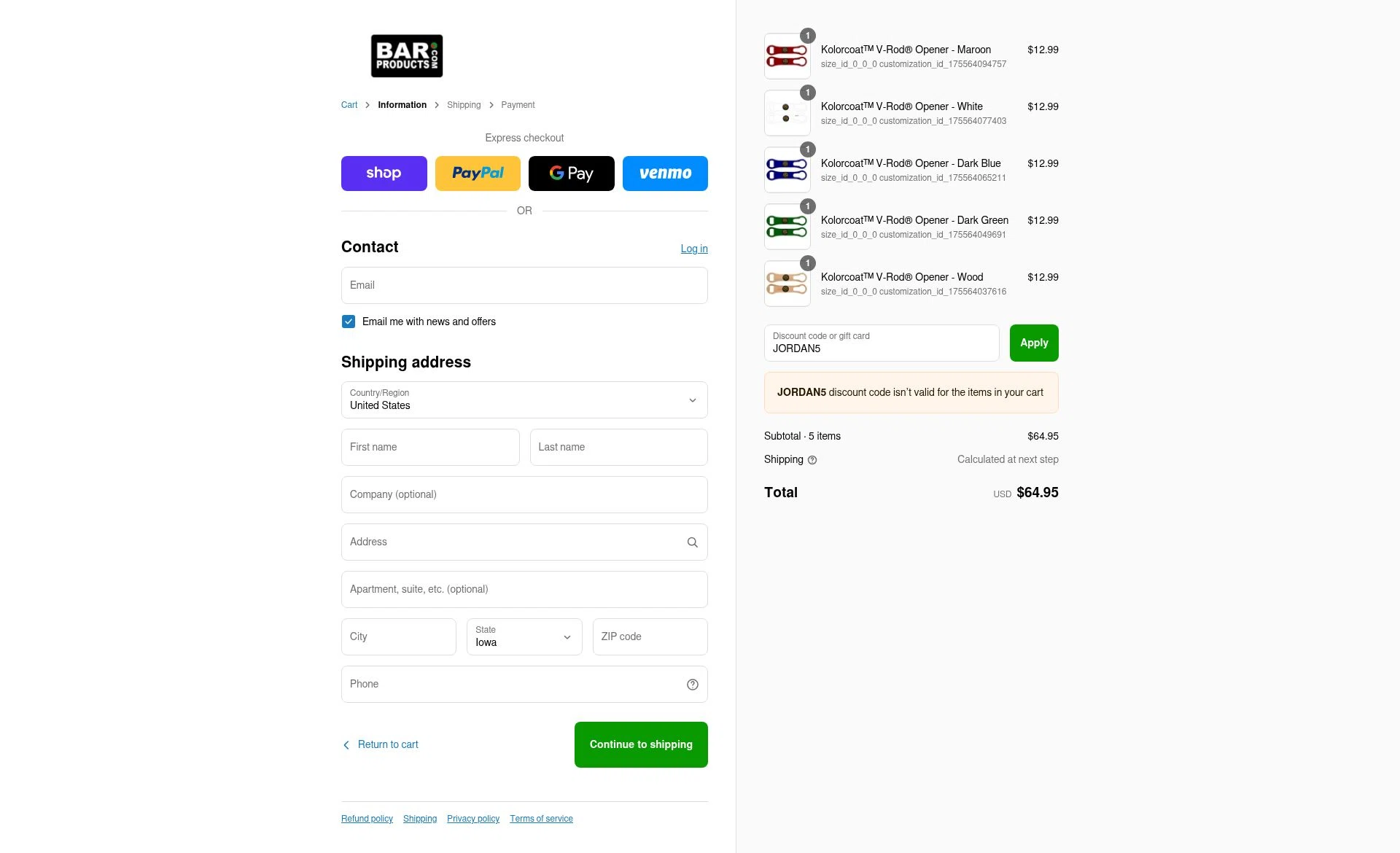 BarProducts checkout page showing BarProducts coupon code box | Screenshot taken by SimplyCodes community member on Aug 31, 2025