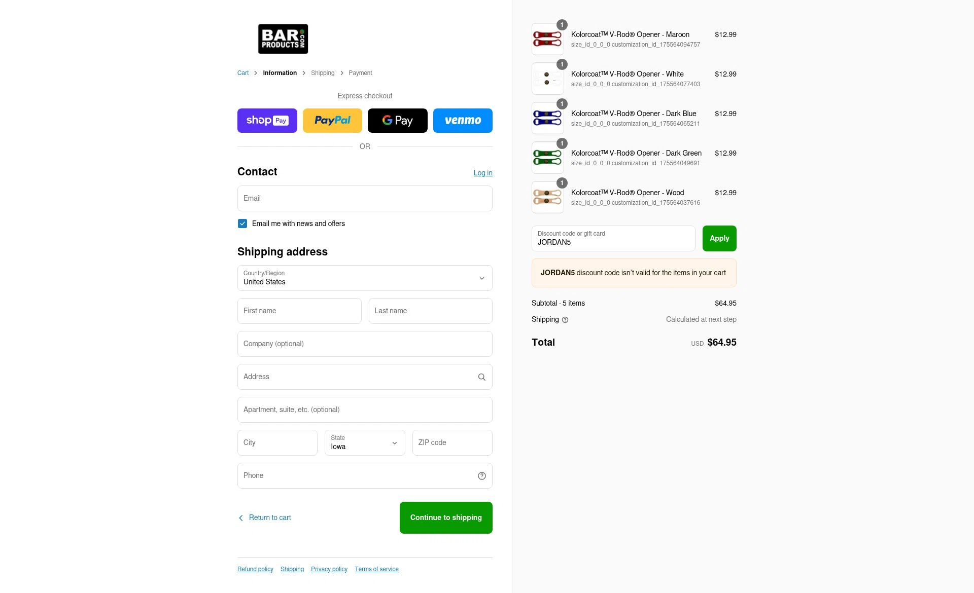 BarProducts checkout page showing BarProducts coupon code box | Screenshot taken by SimplyCodes community member on Aug 27, 2025