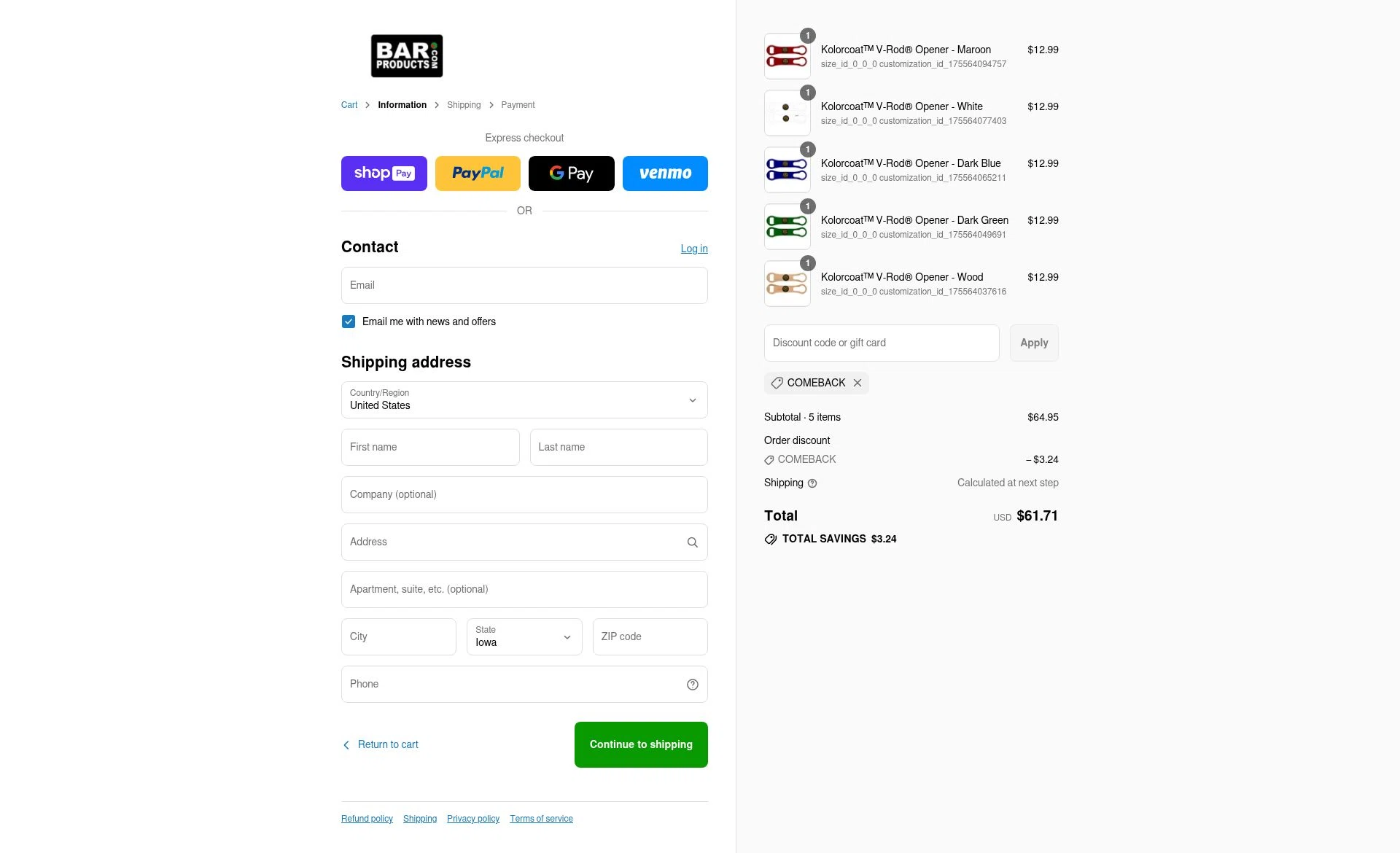 BarProducts checkout page showing BarProducts coupon code box | Screenshot taken by SimplyCodes community member on Aug 23, 2025