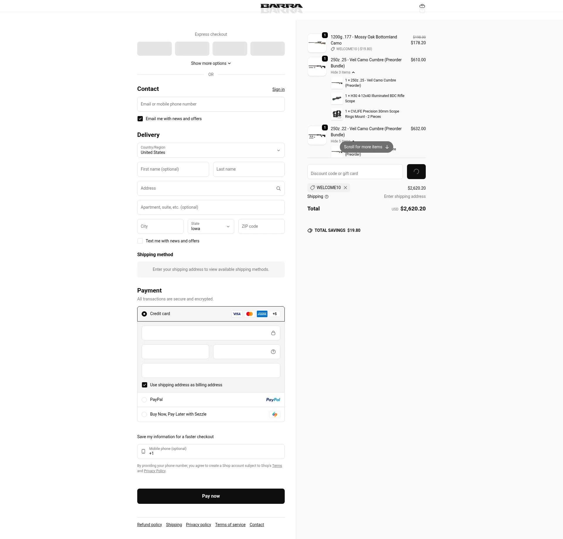 Barra Airguns checkout page showing Barra Airguns promo code box | Screenshot taken by SimplyCodes community member on Feb 7, 2026