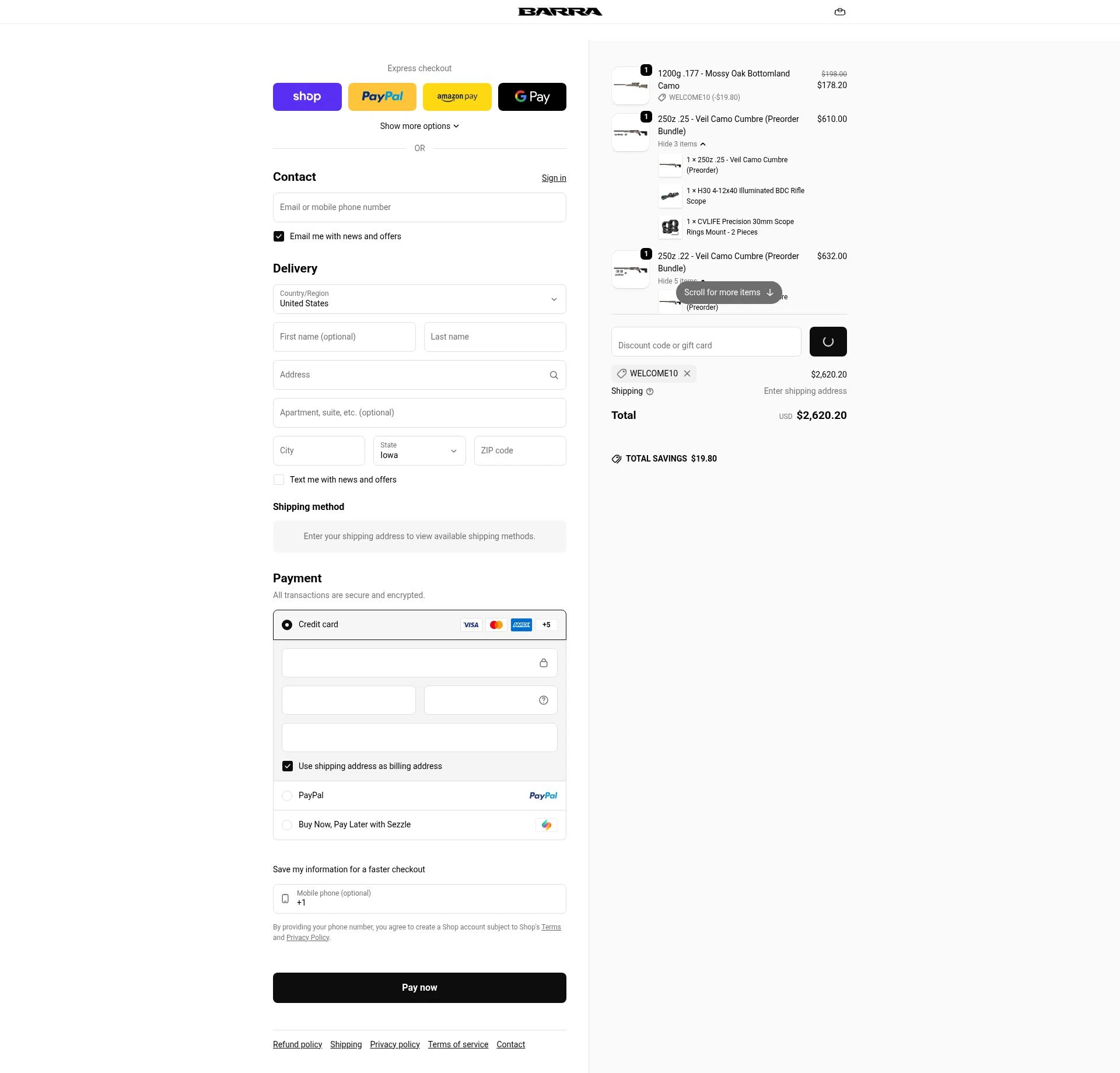 Barra Airguns checkout page showing Barra Airguns promo code box | Screenshot taken by SimplyCodes community member on Feb 3, 2026
