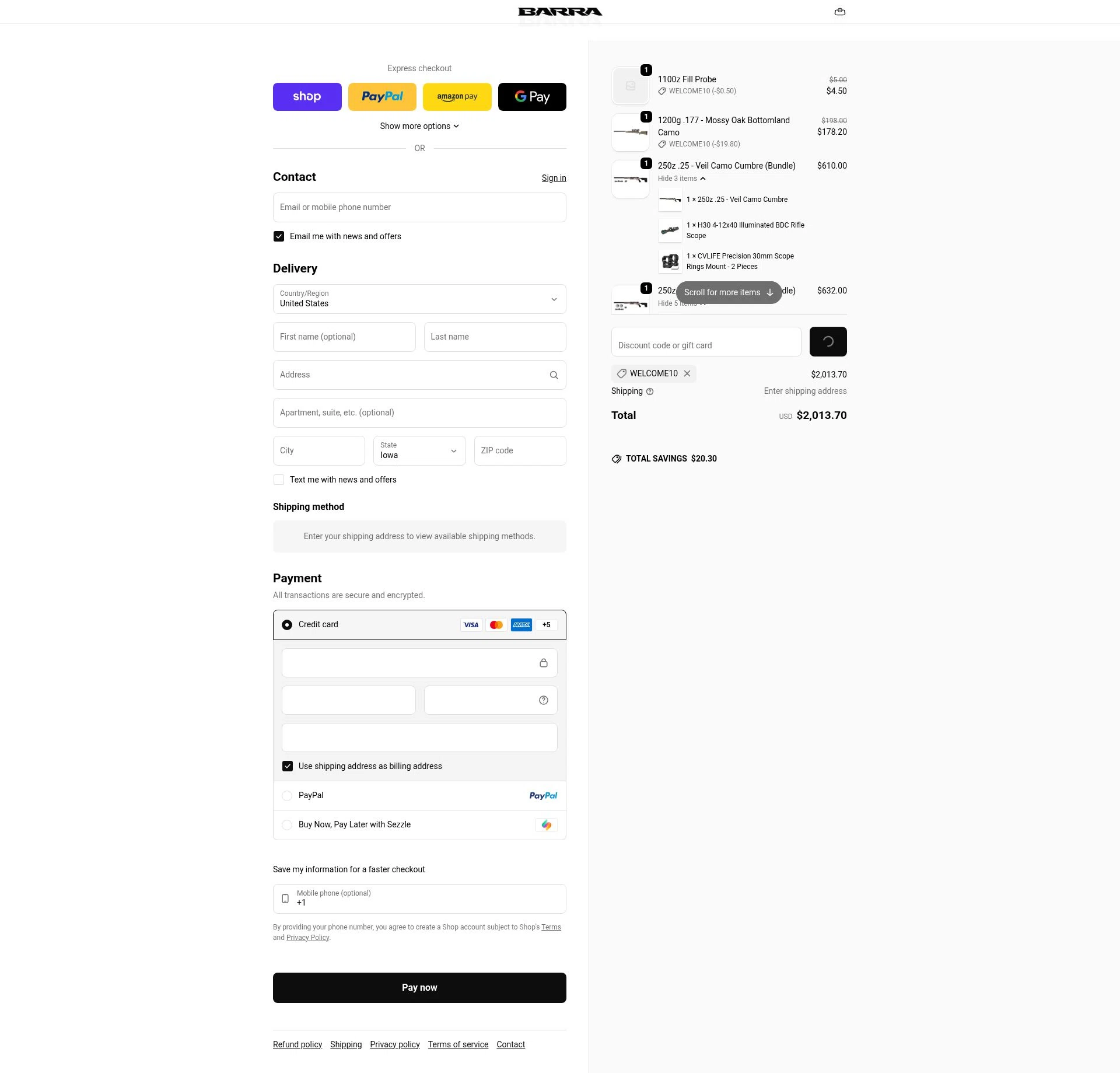 Barra Airguns checkout page showing Barra Airguns promo code box | Screenshot taken by SimplyCodes community member on Feb 15, 2026