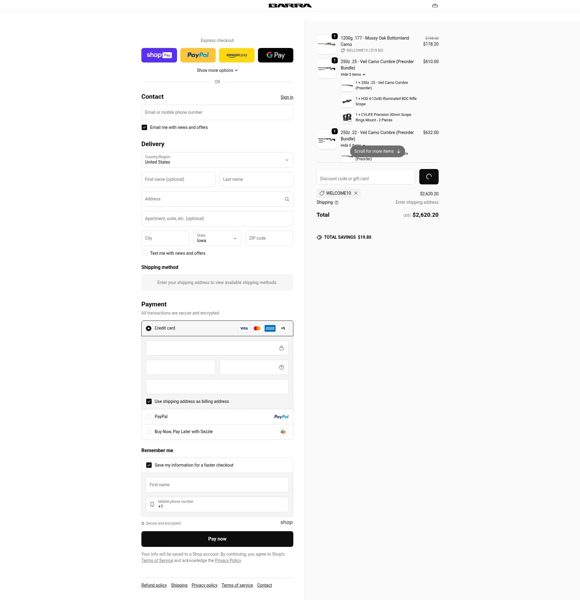 Barra Airguns checkout page showing Barra Airguns promo code box | Screenshot taken by SimplyCodes community member on Jan 10, 2026