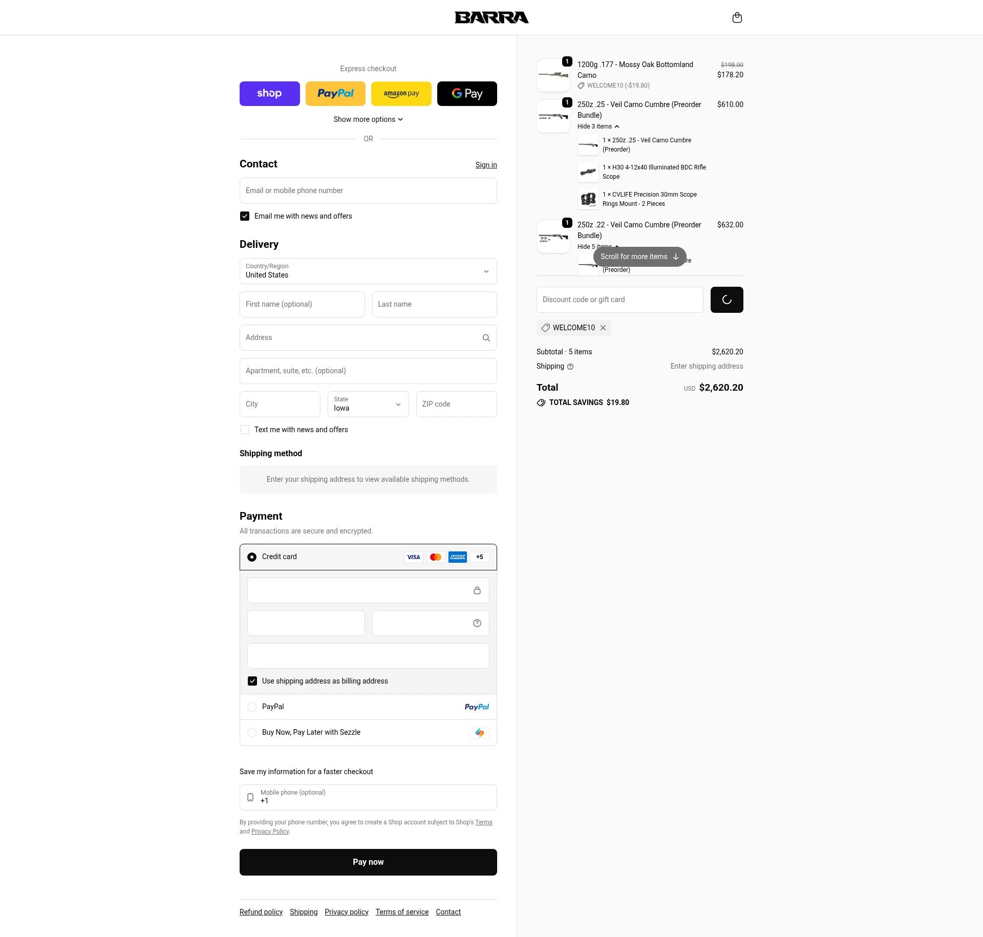 Barra Airguns checkout page showing Barra Airguns promo code box | Screenshot taken by SimplyCodes community member on Jan 15, 2026
