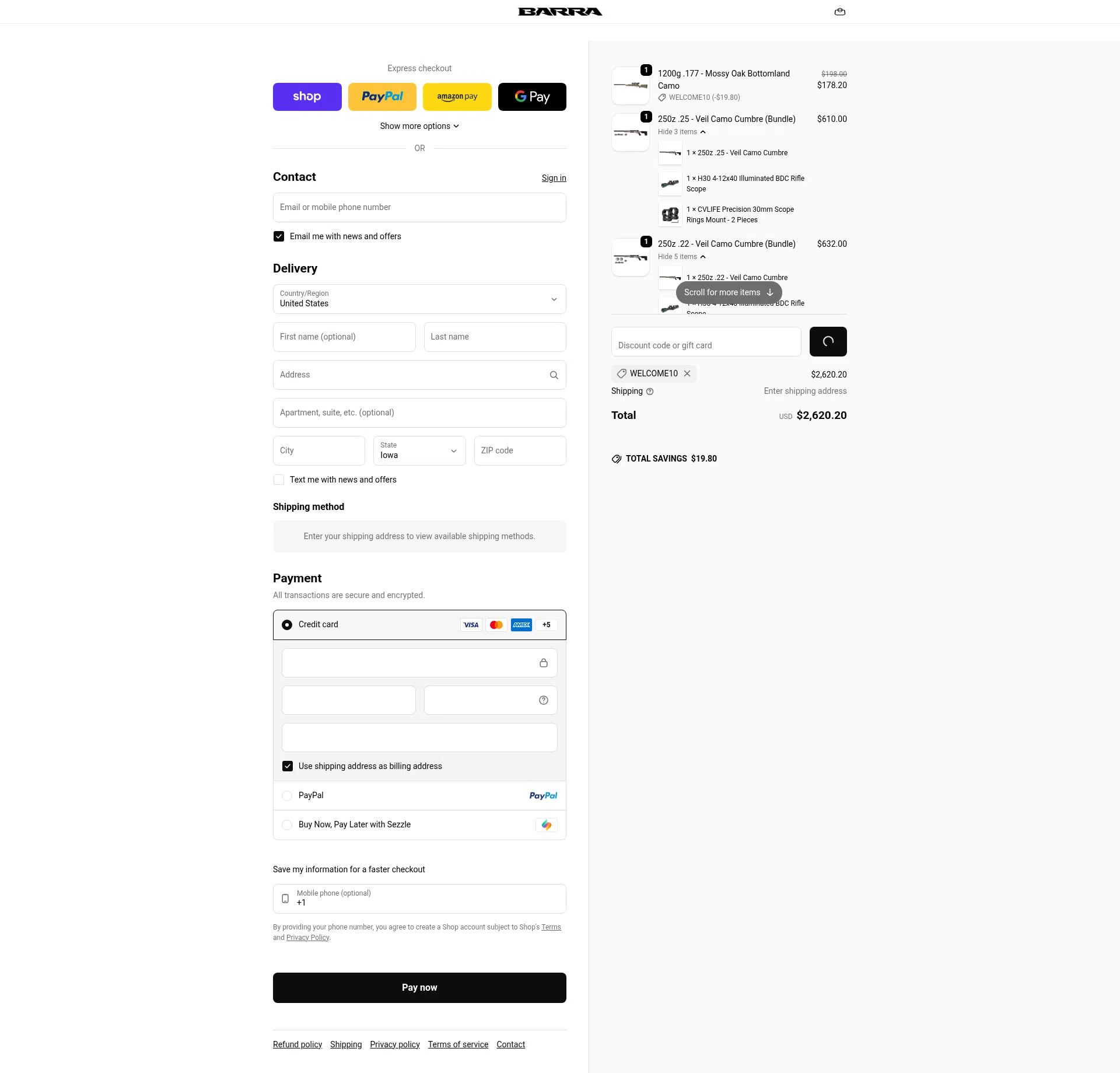 Barra Airguns checkout page showing Barra Airguns promo code box | Screenshot taken by SimplyCodes community member on Feb 11, 2026