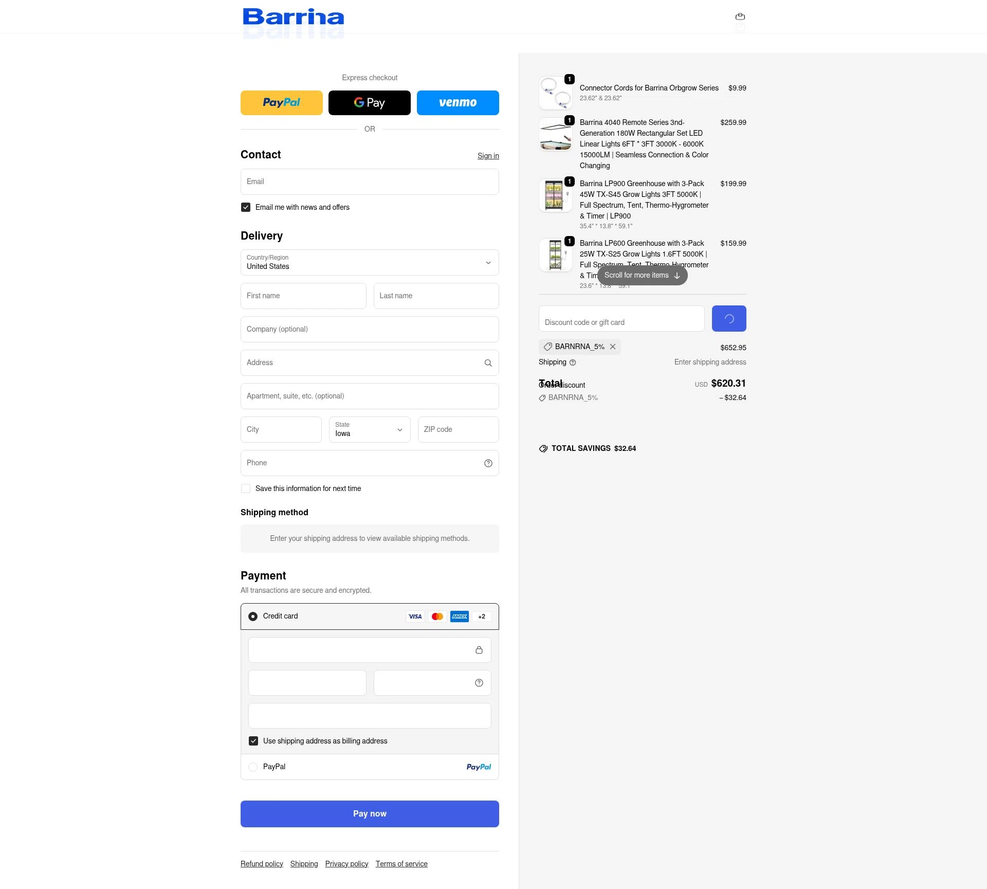 Barrina Lighting checkout page showing Barrina Lighting promo code box | Screenshot taken by SimplyCodes community member on Feb 5, 2026