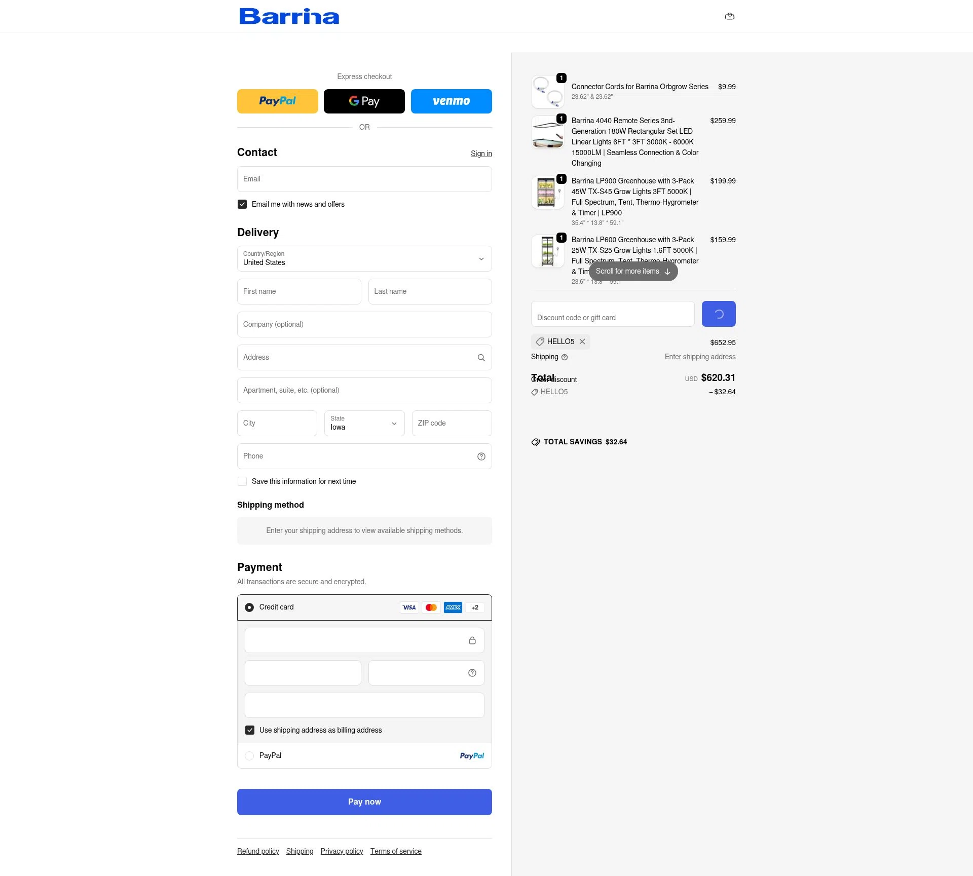 Barrina Lighting checkout page showing Barrina Lighting promo code box | Screenshot taken by SimplyCodes community member on Feb 5, 2026