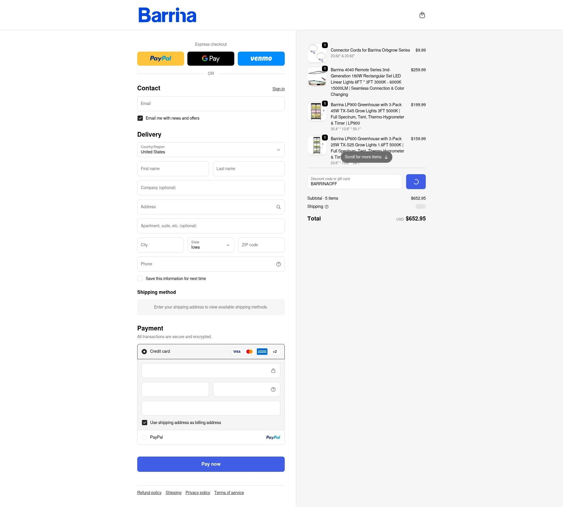 Barrina Lighting checkout page showing Barrina Lighting promo code box | Screenshot taken by SimplyCodes community member on Feb 5, 2026
