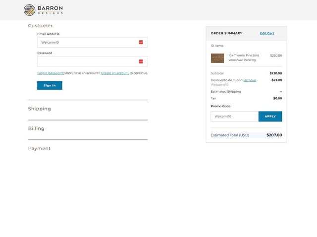 Barron Designs checkout page showing Barron Designs promo code box | Screenshot taken by SimplyCodes community member on Sep 3, 2025