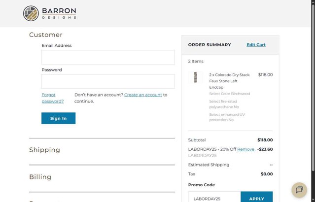 Barron Designs checkout page showing Barron Designs promo code box | Screenshot taken by SimplyCodes community member on Sep 2, 2025